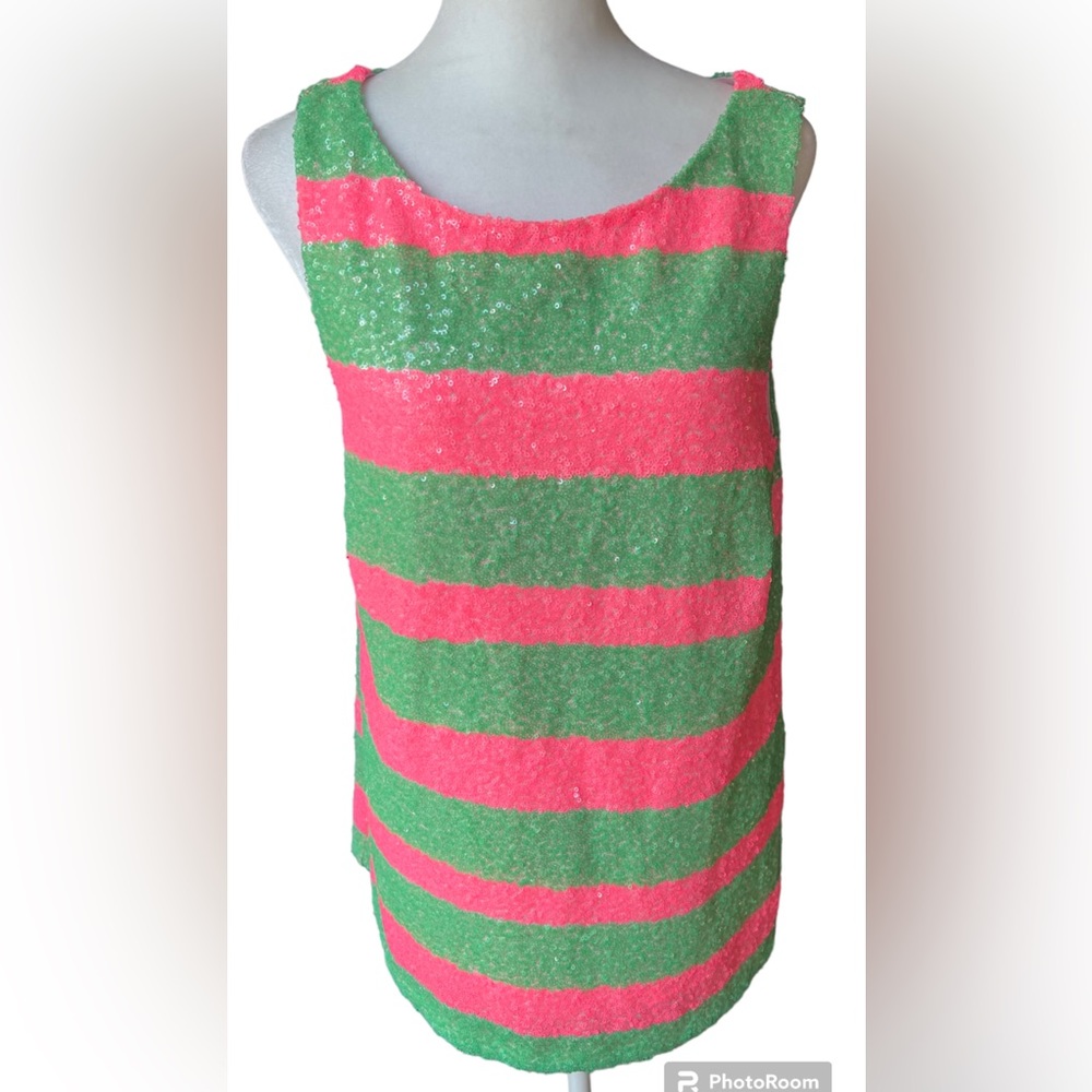 Lilly Pulitzer Regina Tropical Pink Green Cucina Striped Sequin Tank Size Medium - Picture 2 of 11